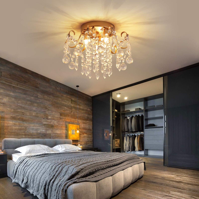 QS ثريا صغيرة Q&S، ثريا كريستالية ذهبية حديثة، ضوء سقف مصغر لغرفة النوم، الممر، المدخل E12 3-ضوء. - Image 5